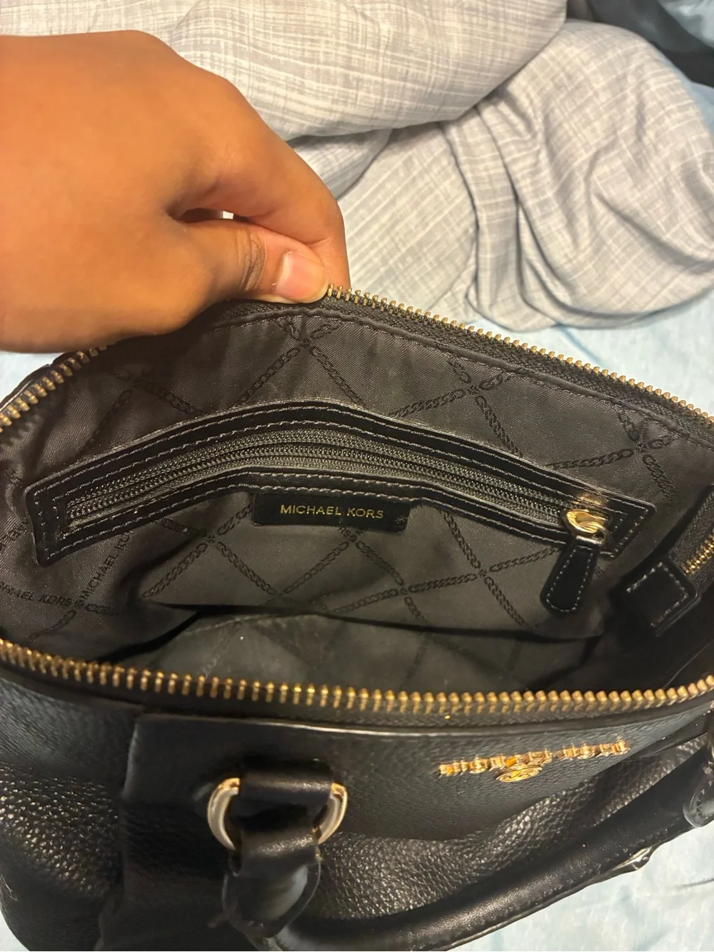 Michael Kors Black Pebbled Satchel with Gold Hardware